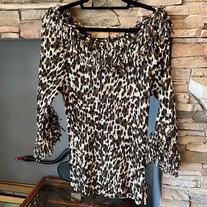 AGORA XL LEOPARD PRINT FRINGE POPOVER CRINKLE STRETCH 3/4 SLEEVE TOP BLOUSE